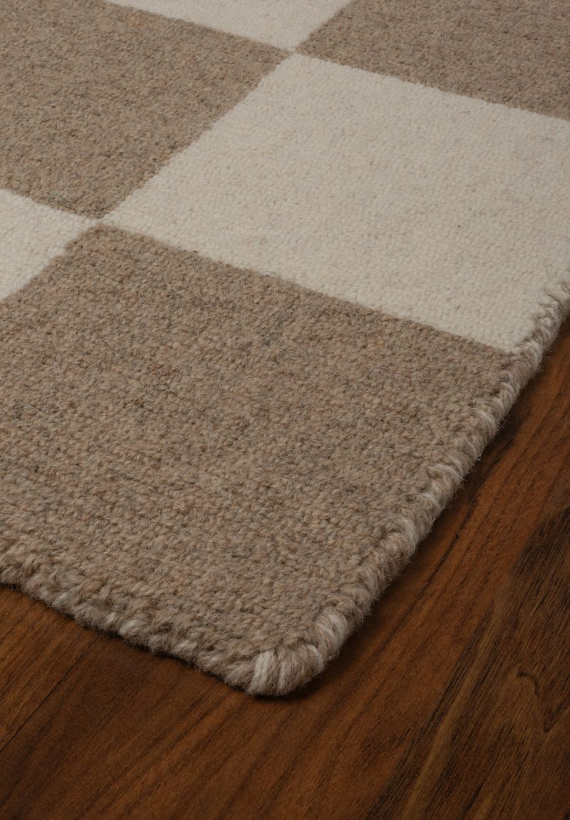 Checkerboard Taupe Natural Wool Loom-Hooked Rug