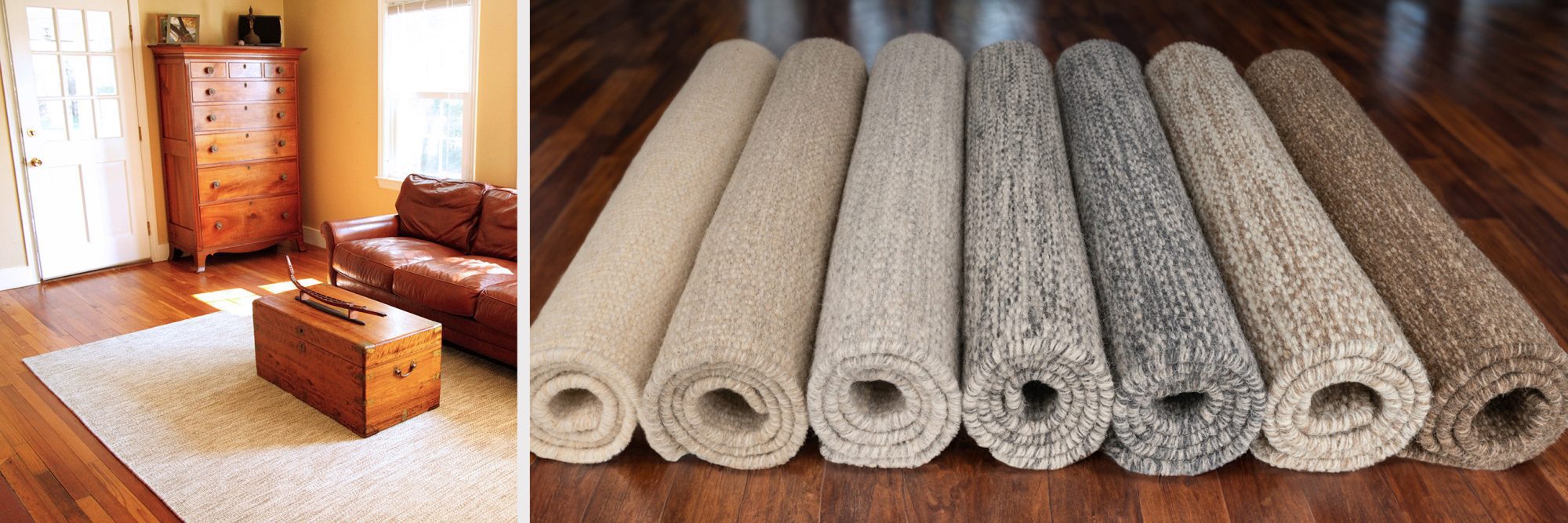 Set of Wool Heathered Rolled rugs on a wood floor, next to Durham Wool rug with a wooden chest