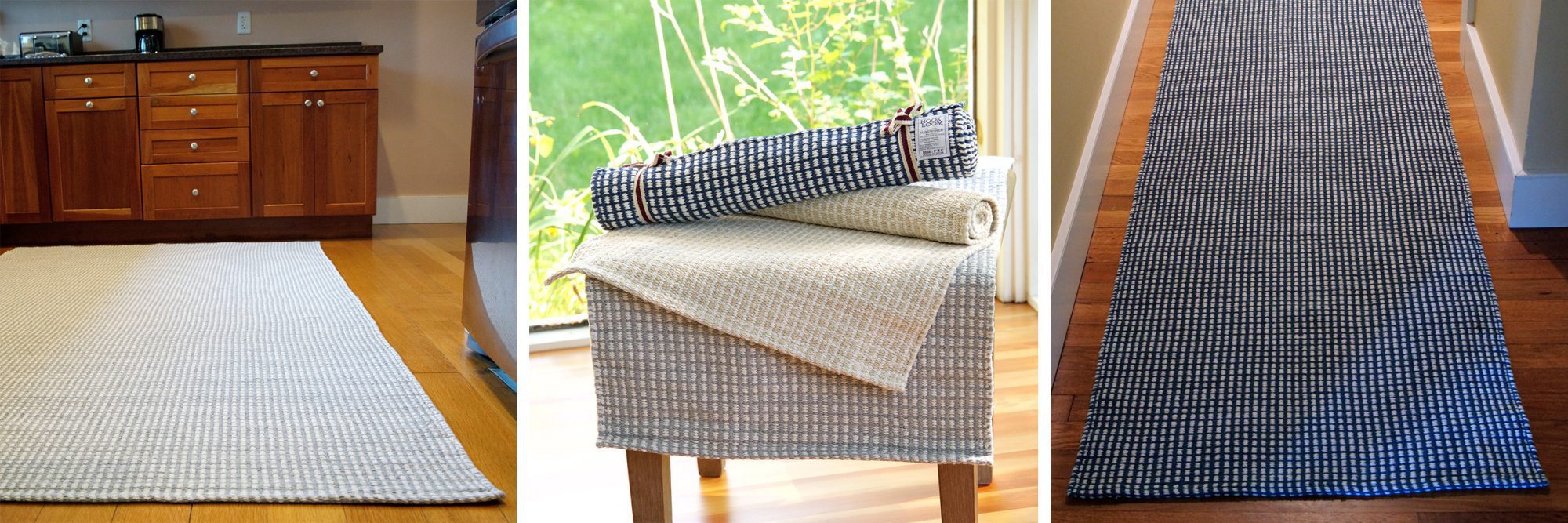 Windsor rugs on a chair and a Windsor rug on a kitchen floor